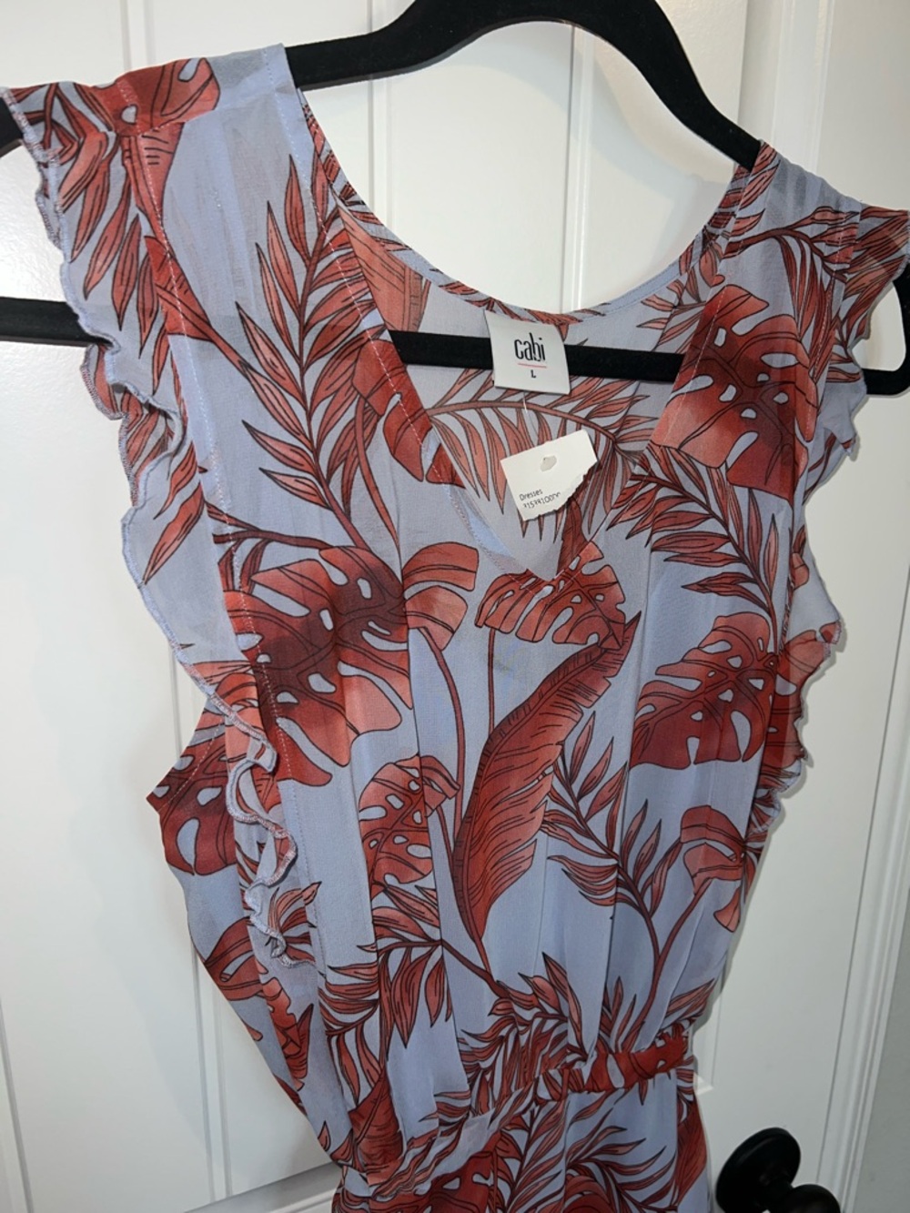 NWT! CAbi Isabel V-Neck Mini Dress in Light Blue with Coral Leaf Print Size L - Picture 7 of 16